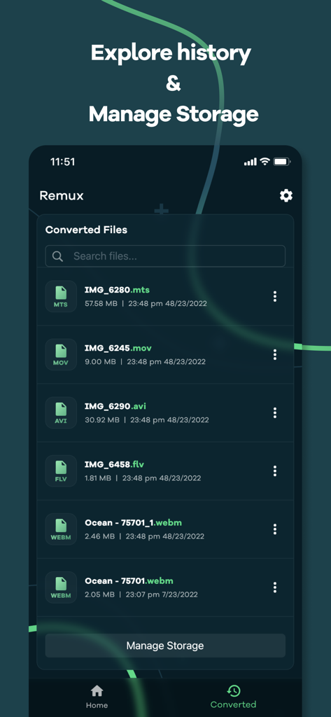 Screenshot of the converted files history and storage management screen showing various video formats and file sizes.