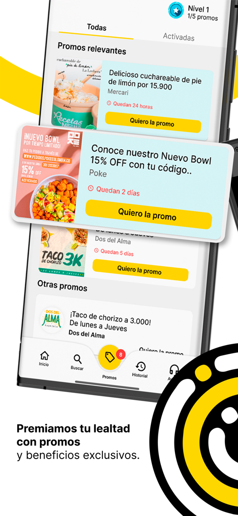Mobile app interface displaying food reward vouchers and exclusive discount promotions