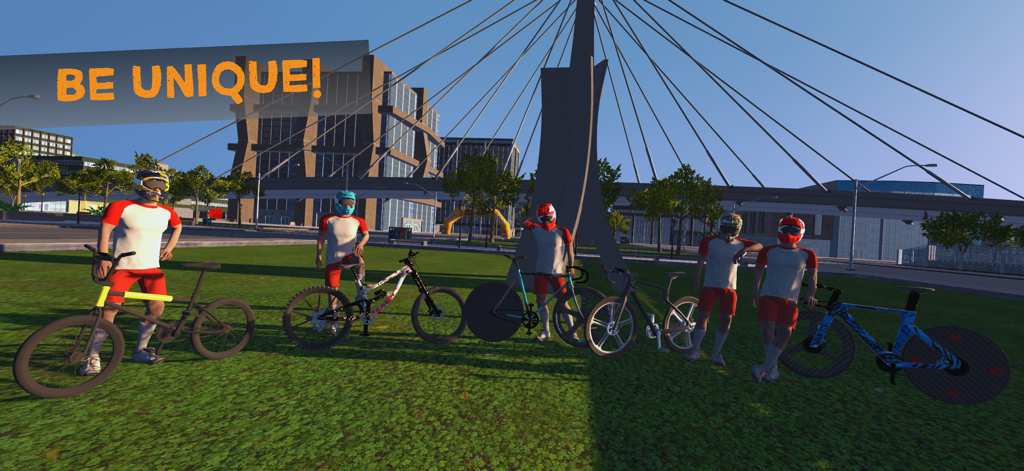Bicycle Extreme Rider 3D - A group of cyclists in red and white gear standing with various customized bikes in an urban park