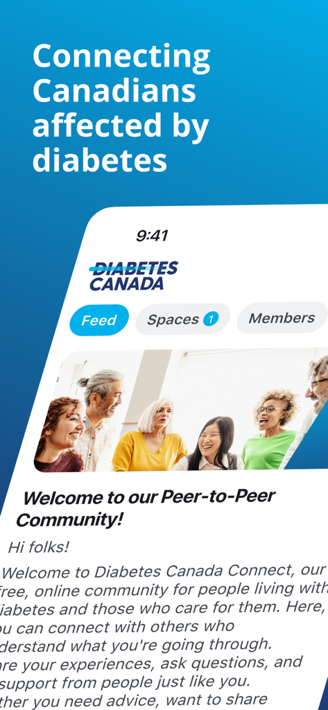 The welcome screen of the Diabetes Canada Connect mobile app highlighting its peer-to-peer community for Canadians affected by diabetes.