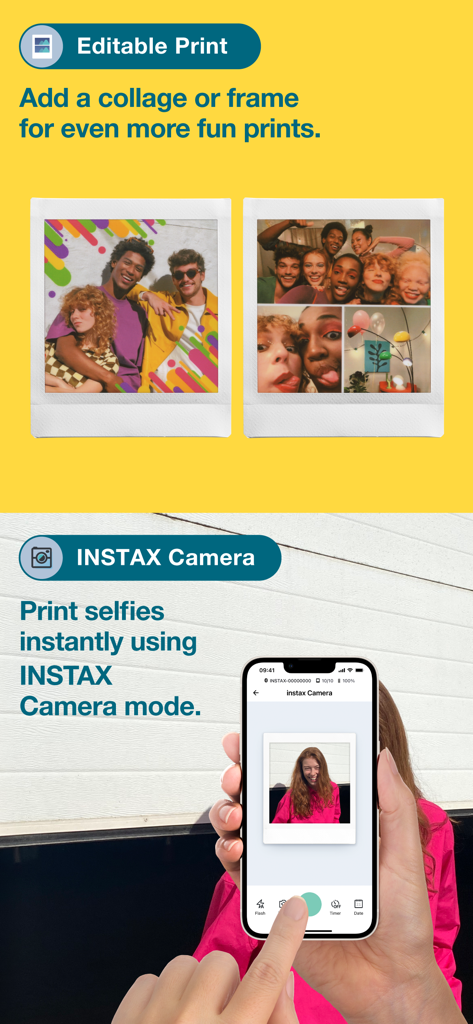 Instax Square Link App-Oberfläche, die bearbeitbare Collage-Drucke und den Kamera-Modus für Sofort-Selfies zeigt