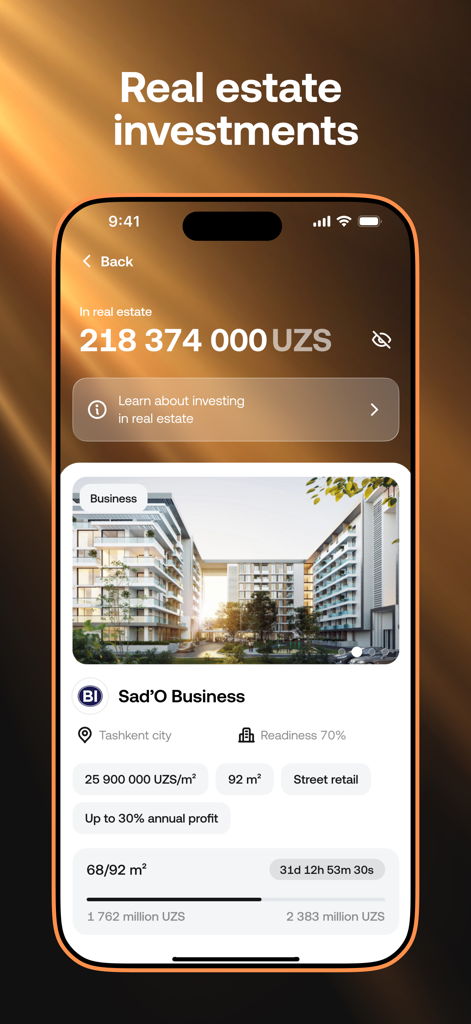 IMANUM - IMANUM app interface showing ethical real estate investment options with expected annual profit