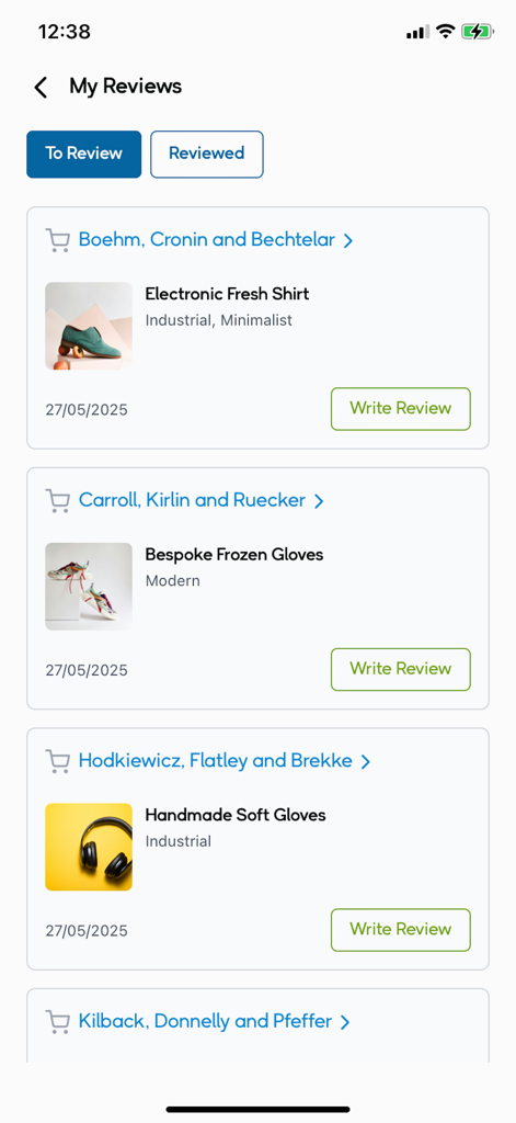 MSME by G3G - A mobile interface for the MSME by G3G app showing a list of purchased items waiting to be reviewed with products like a shirt and gloves.