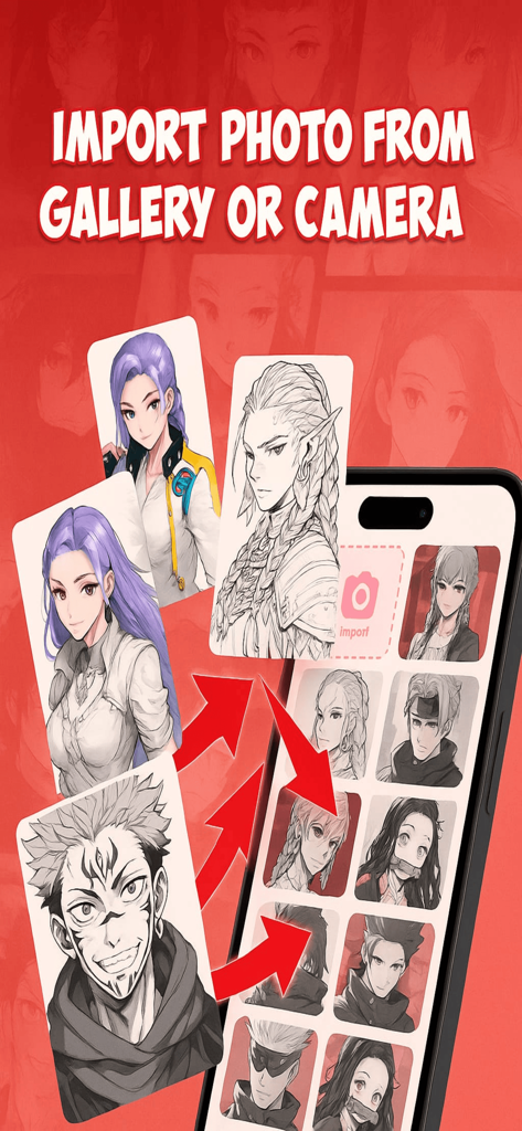 Anime drawing Trace Art - Screenshot of Anime drawing Trace Art app showing how to import photos from gallery or camera for tracing anime characters