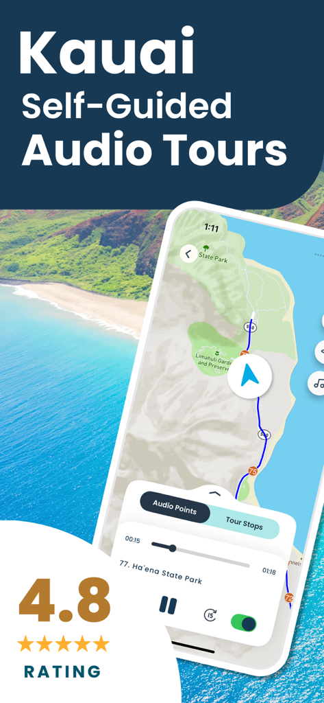Shaka Kauai Audio Tour Guide - Shaka Guide mobile app showing a self-guided GPS audio tour map of Kauai with a 4.8 star rating.