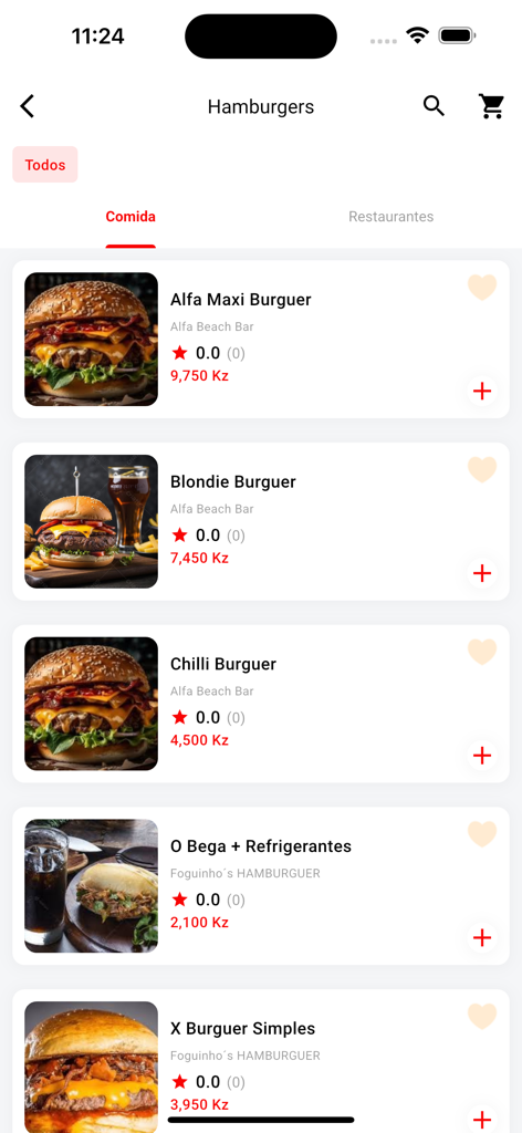 Entregas no Cubico - List of available hamburgers with prices and ratings on the Entregas no Cubico mobile application