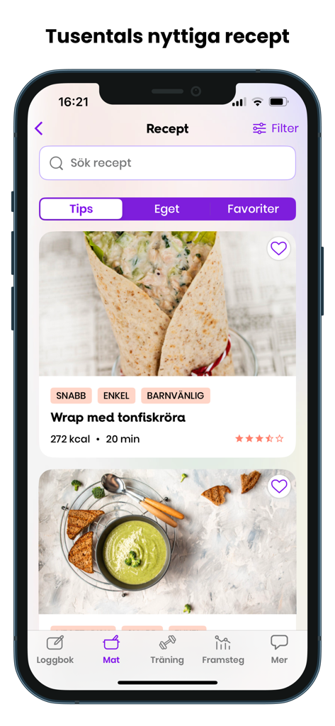 Wellobe - Wellobe mobile app interface displaying a selection of healthy recipes with calorie counts and prep time