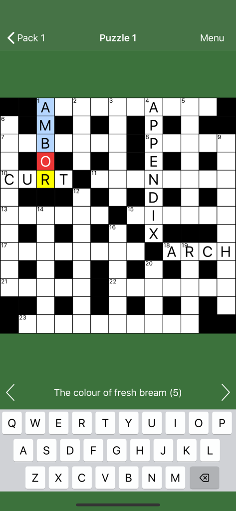 Best Cryptic Crosswords puzzle grid with a clue and letter keyboard