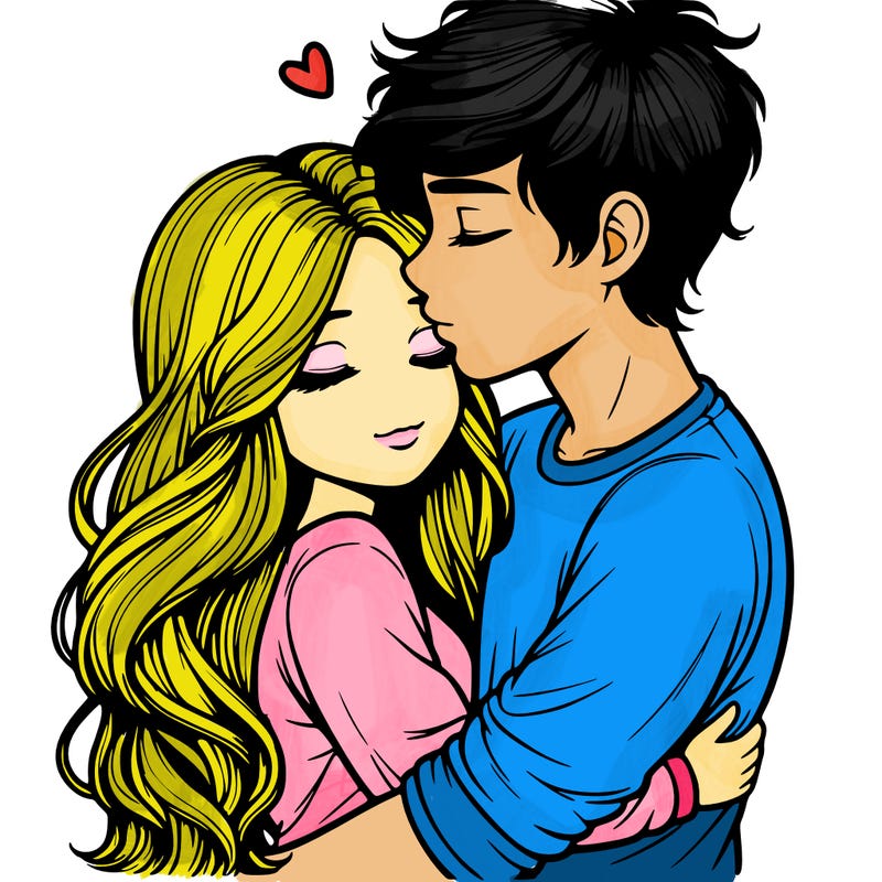 a realistic couple boy and girl hugging and kissing