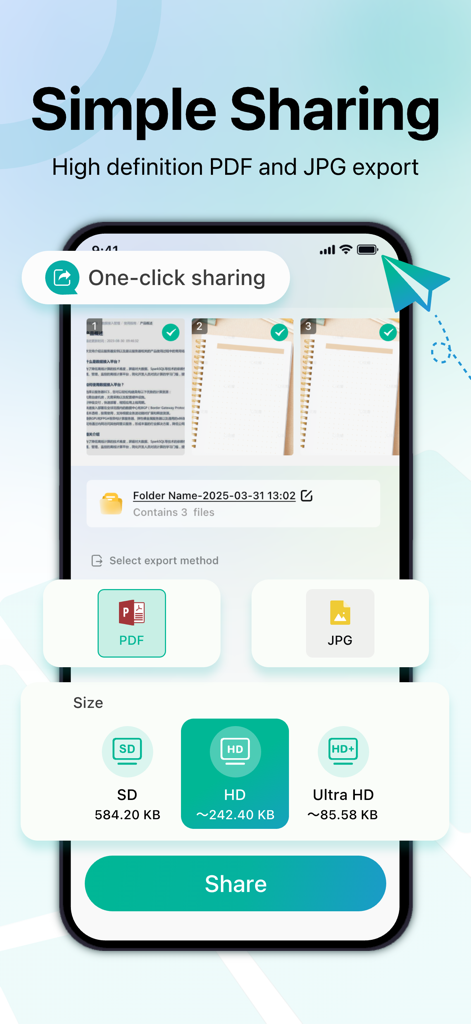 PDF Scanner App: Ai Scanner - iPhone screen showing PDF and JPG export options with high definition quality settings