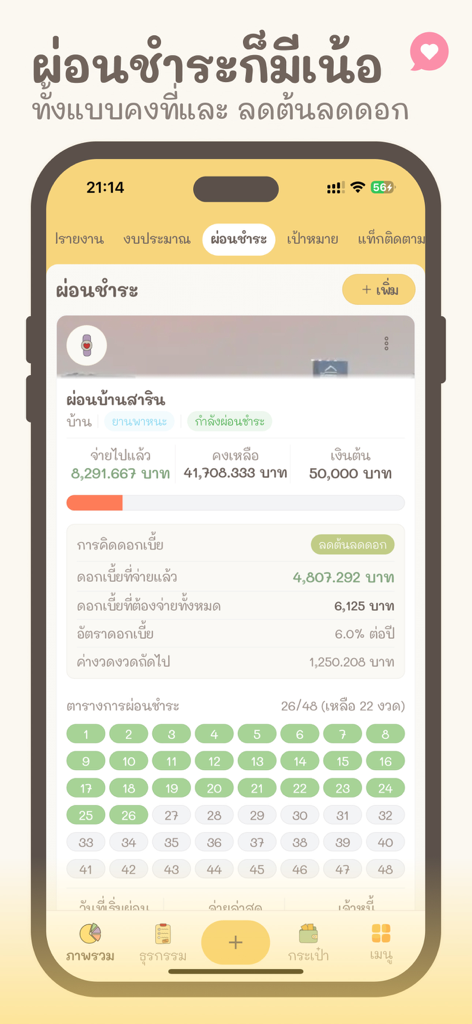 Expense tracker cute: Moneypod - Écran de l'application Moneypod montrant le suivi des paiements échelonnés et un calendrier de remboursement numéroté avec un design esthétique mignon.