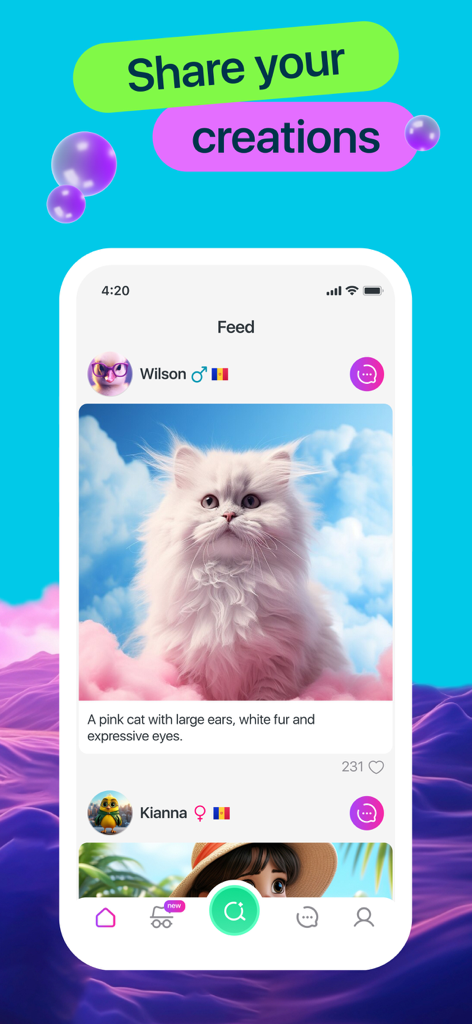 Video Chat - Mira - Captura de pantalla móvil del feed de la aplicación Mira que muestra avatares IA compartidos por usuarios y diseños de personajes creativos.