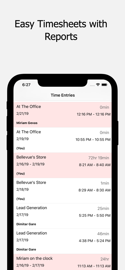 Mobile app screen showing a list of employee time entries with location and duration details