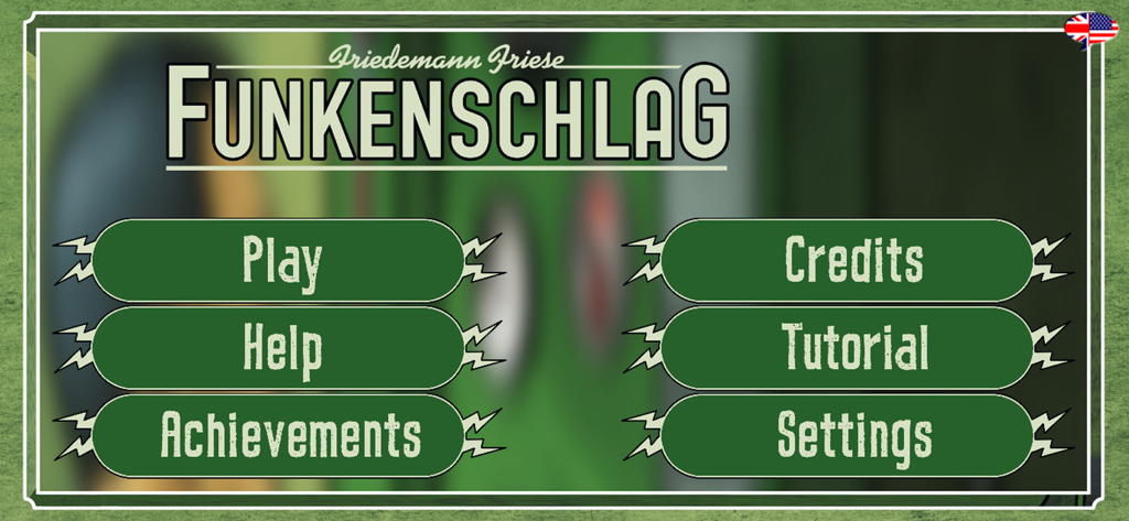 The main menu screen of the Power Grid board game app featuring buttons for Play Help Achievements Credits Tutorial and Settings