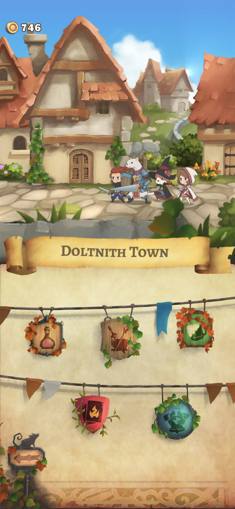 Un gruppo di eroi che cammina attraverso la città di Doltnith con icone per negozi e taverne in Hero Emblems II