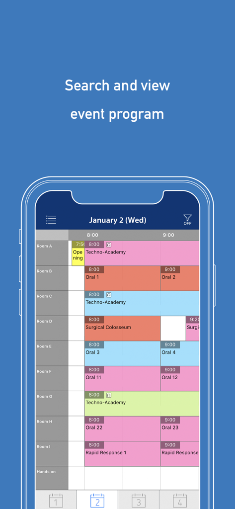 Écran d'application mobile montrant un programme de conférence codé par couleur avec les heures de session et les emplacements des salles