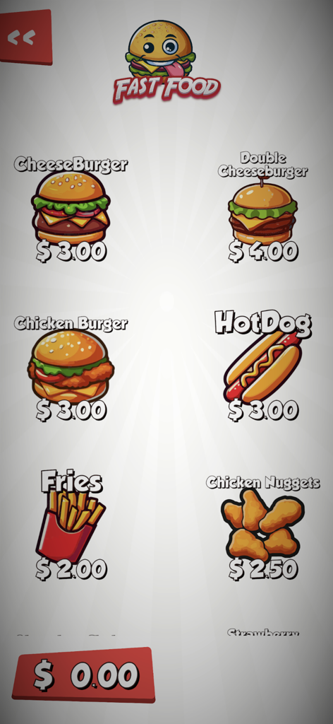 Play Pretend Food Menus - Digital fast food menu screen for children with colorful cartoon illustrations of burgers, hot dogs, and fries with prices for pretend play.