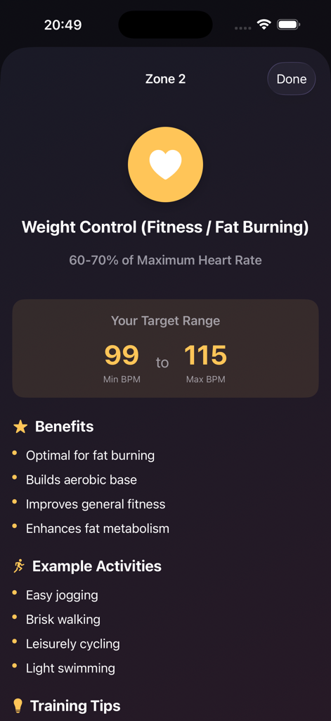 HRZones app screen showing Zone 2 training details for weight control and fat burning benefits