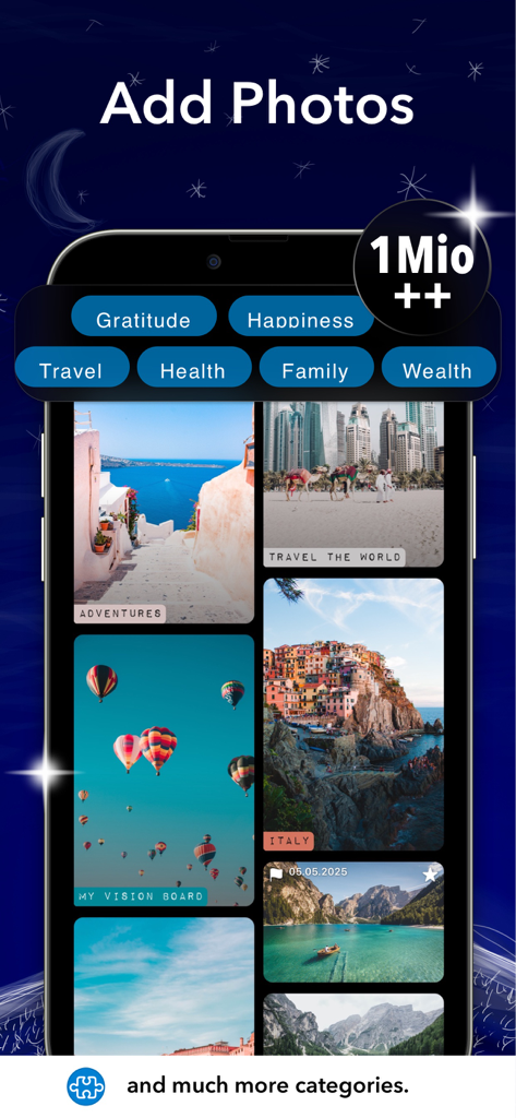 Vision Board ++ Maker Manifest - Un écran de l'application Vision Board ++ montrant différentes catégories de photos comme le voyage et le bien-être pour que les utilisateurs manifestent leurs objectifs