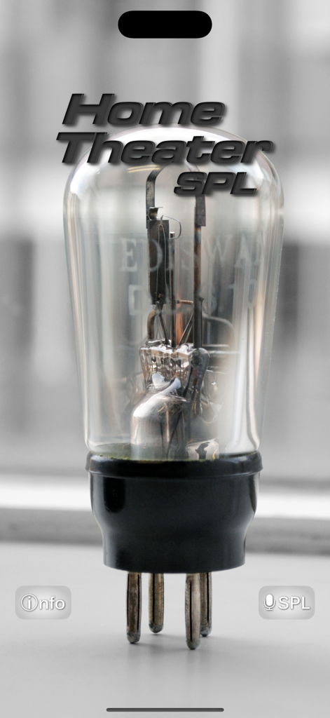 Home Theater SPL - Begrüßungsbildschirm der Home Theater SPL App mit einer Vintage-Vakuumröhre und Navigationstasten