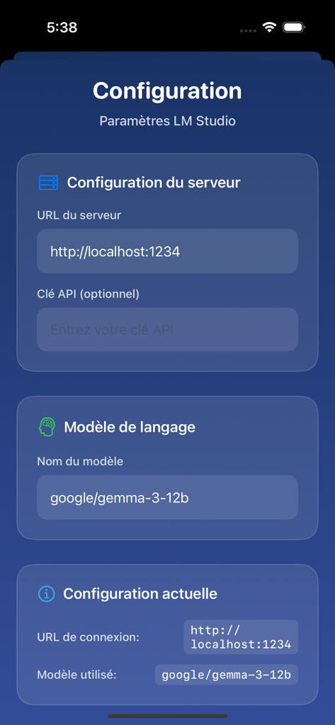 Pantalla de configuración de TCF-Canada Speaking Test Coach que muestra la configuración del servidor de IA y el modelo de lenguaje de LM Studio