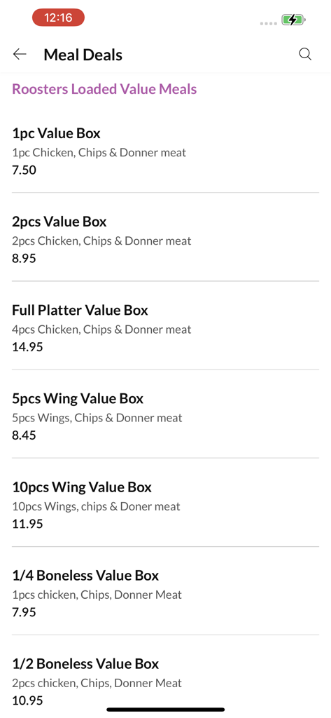 Red Rooster - Red Rooster App-Menübildschirm mit einer Liste von Hähnchen- und Pommes-Wertbox-Optionen mit Preisen.
