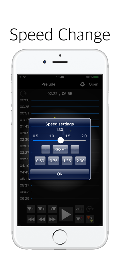 Audipo app interface showing playback speed adjustment settings with a slider and preset buttons on a smartphone screen.