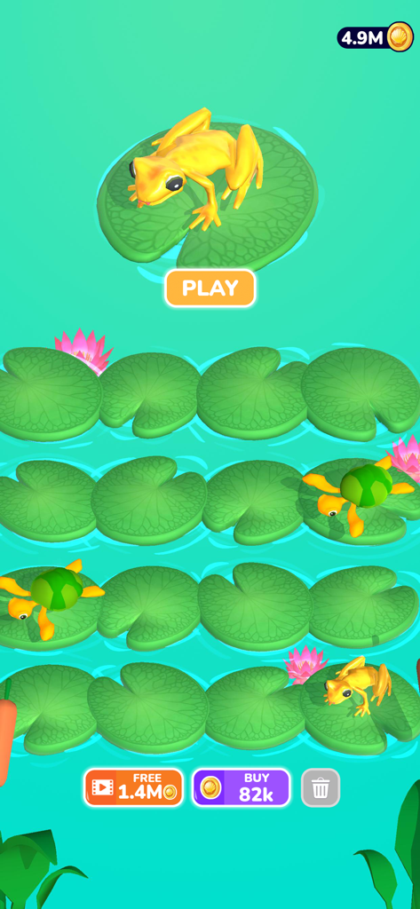 Evolution Merge - Eat and Grow - Pantalla de juego de Evolution Merge mostrando tortugas y ranas en nenúfares