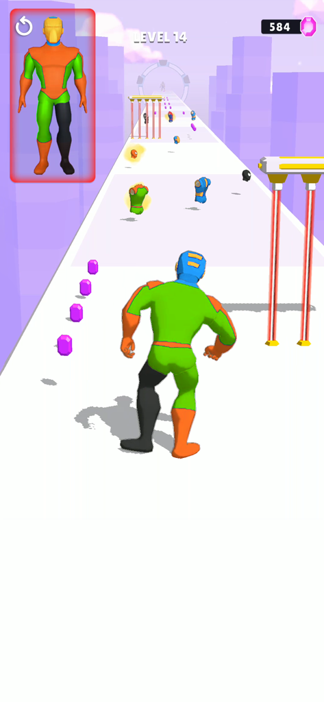 A superhero character running on a track collecting suit pieces in Mashup Hero.