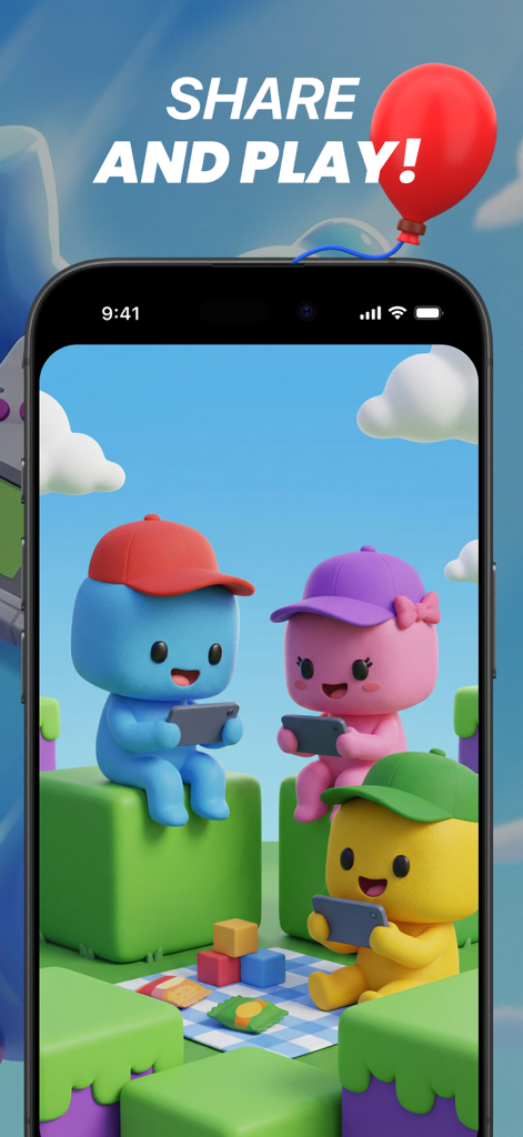 Gummy: AI Game Maker - Tres coloridos personajes de gummy sentados juntos jugando y compartiendo juegos en sus dispositivos móviles.