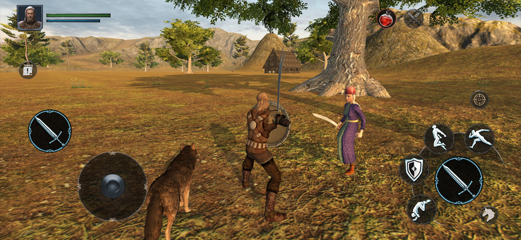 Ertugrul Gazi 3: RPG Battle - Jugabilidad de Ertugrul Gazi 3 que muestra al personaje principal con un compañero lobo en un entorno histórico de mundo abierto