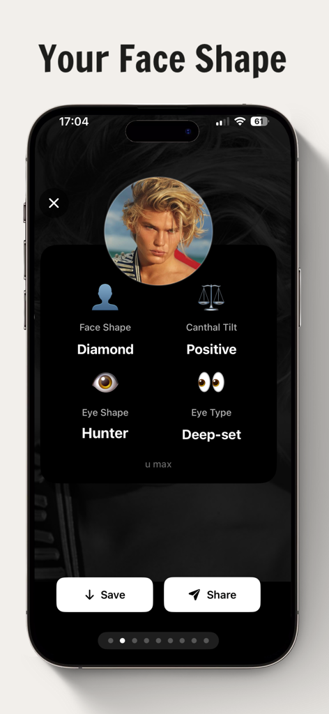 U Max: AI Looksmax Face Rating - 남성 사용자에 대한 AI 얼굴 분석 결과 (다이아몬드 얼굴형, 헌터 눈 모양 포함)를 표시하는 모바일 앱 인터페이스