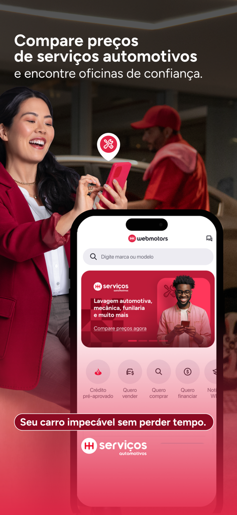 Webmotors-App-Oberfläche zum Vergleichen von Automobilservicepreisen und zum Finden von Werkstätten