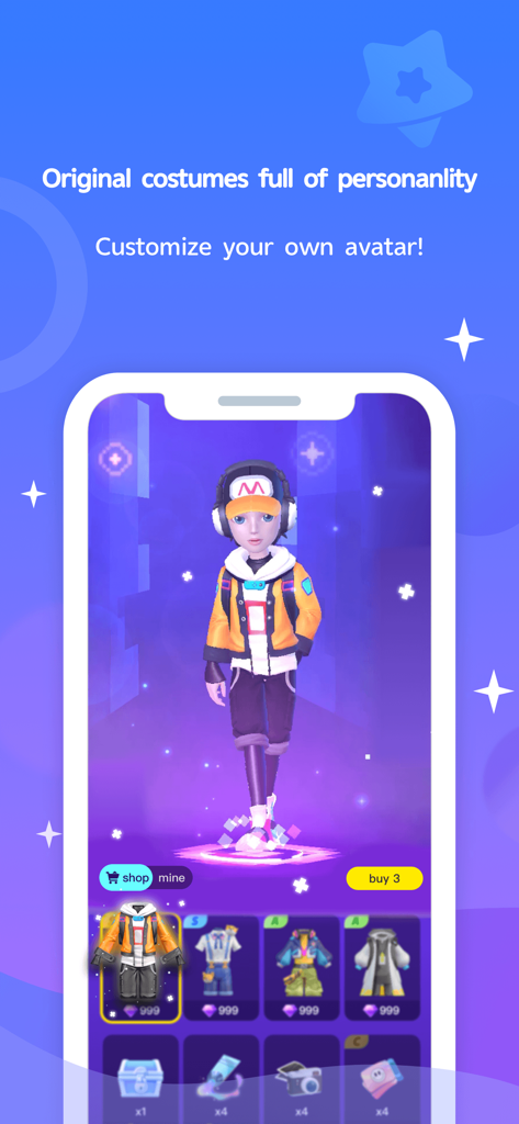 WeParty - Voice Party Gaming - WeParty mobile app interface for customizing a 3D character avatar with original costumes