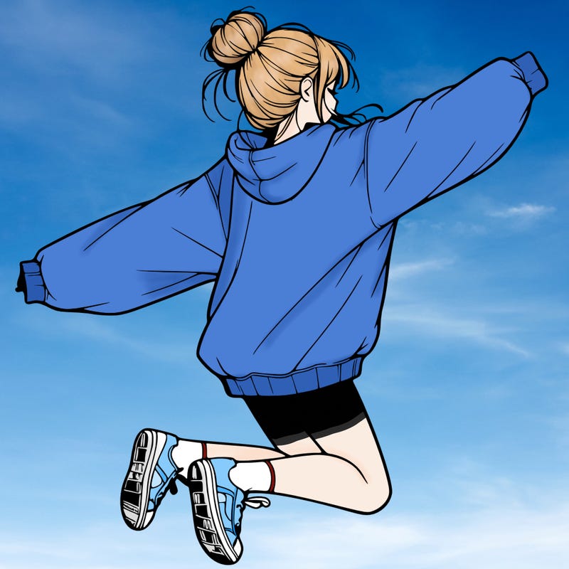 realistic girl jumping with a bun and oversized sweatshirt