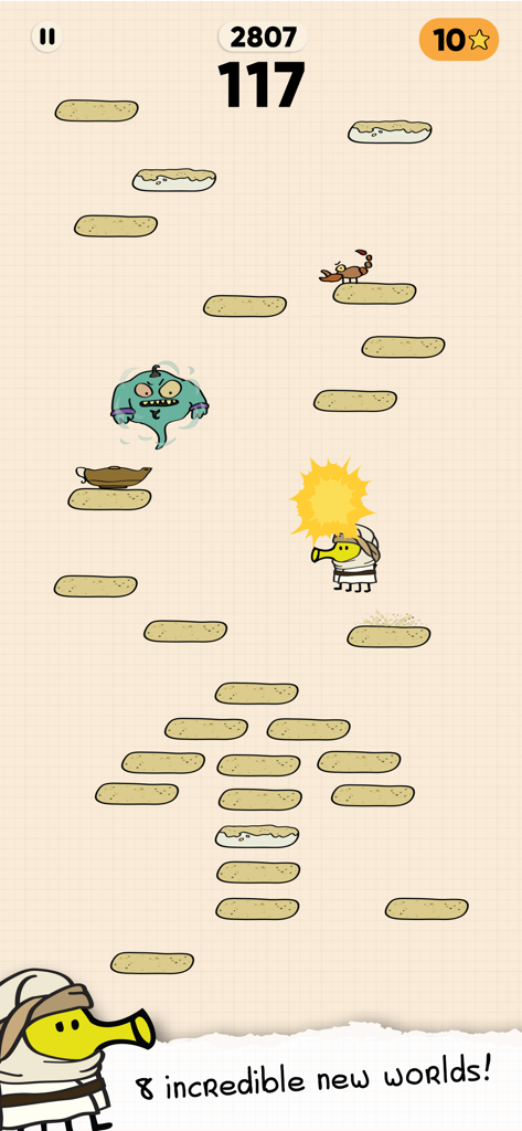 Doodle Jump 2 character jumping through the Desert world with desert monsters