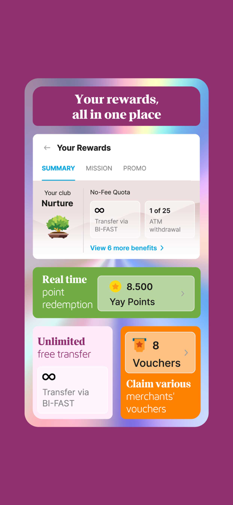 Jenius mobile banking app rewards screen displaying loyalty status points and transaction benefits
