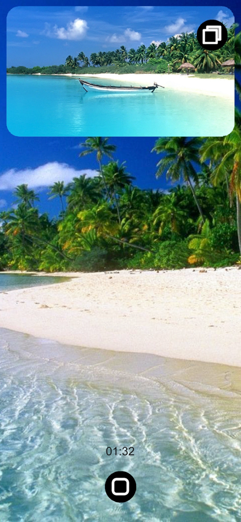 Dual Camera Plus - Dual Camera Plus app interface showing a picture-in-picture video recording of a tropical beach