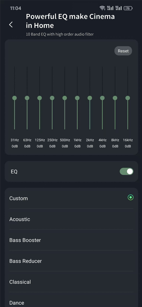 Holo-Home - Holo-Home app 10-band equalizer interface showing custom audio settings and sound presets.