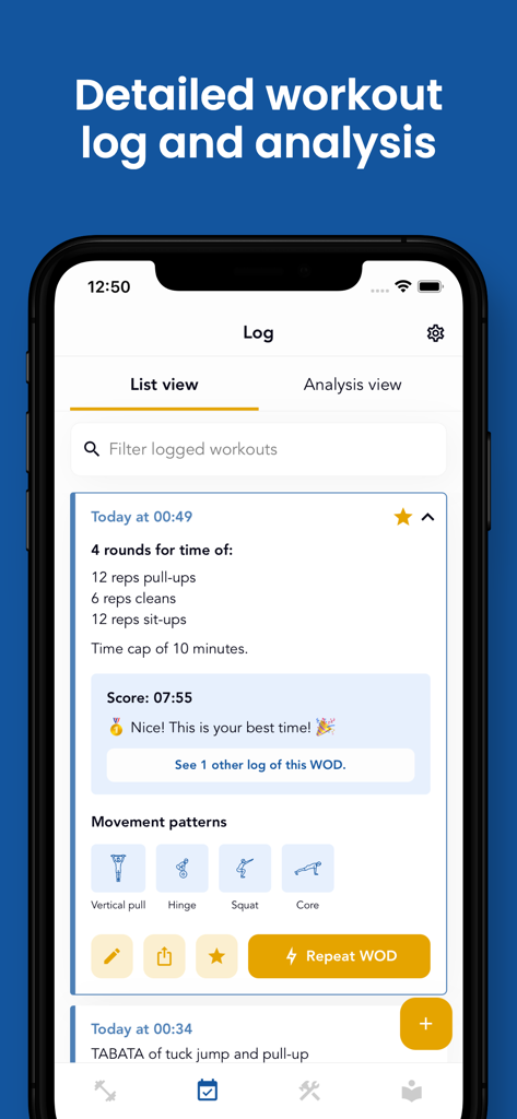 The WOD Generator: Workout - A mobile interface of The WOD Generator showing a detailed workout log with exercise reps and movement pattern analysis