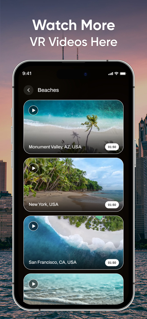 Una pantalla de smartphone mostrando una lista de vídeos de viajes VR que incluyen playas y monumentos de ciudades