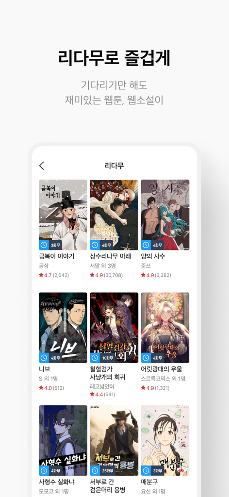 The RIDI mobile app interface showing a curated list of webtoon and web novel covers with user ratings and the wait-until-free feature icons.