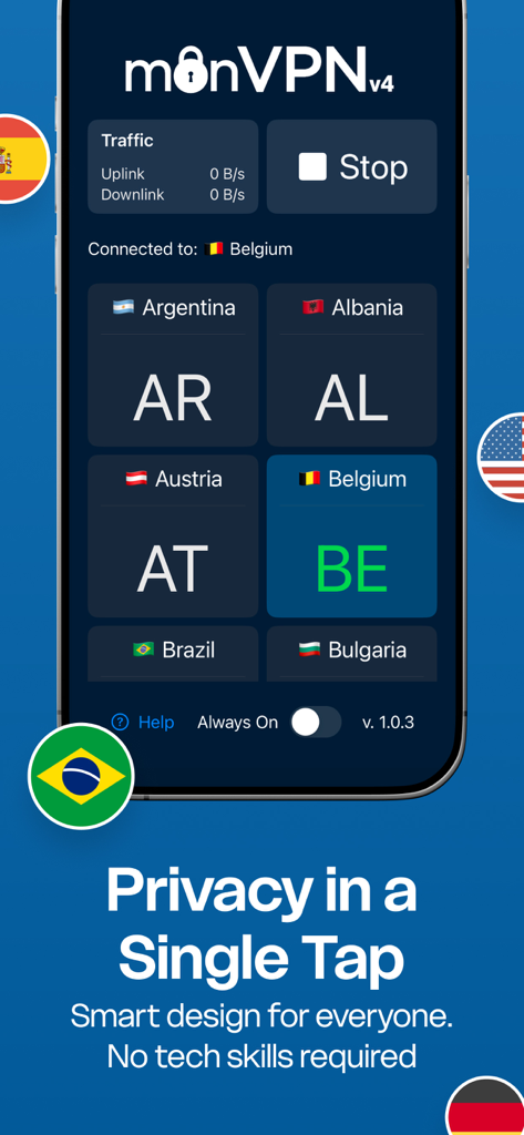 VPN & Proxy Unlimited - monVPN - monVPN mobile app interface showing international server selection and one-tap connection feature