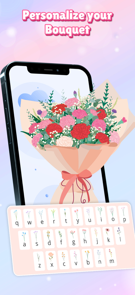 Flower Language Keyboard Theme - A phone displaying a personalized flower bouquet and a custom keyboard with floral icons for each letter.