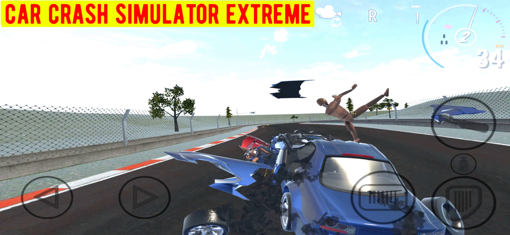 Car Crash Simulator Extreme - A blue sports car crashing on a race track with a crash dummy flying out in Car Crash Simulator Extreme