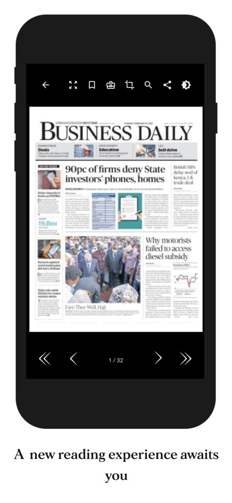 Nation ePaper app displaying a digital edition of the Business Daily newspaper on a mobile phone.