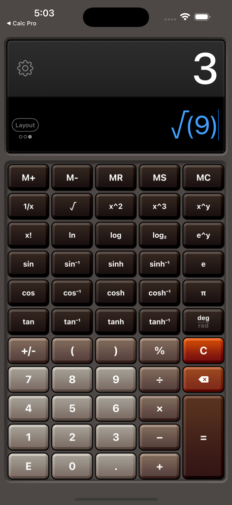 Calculator HD Pro Lite - Interface de calculadora científica com modo escuro e botões grandes mostrando um cálculo de raiz quadrada.