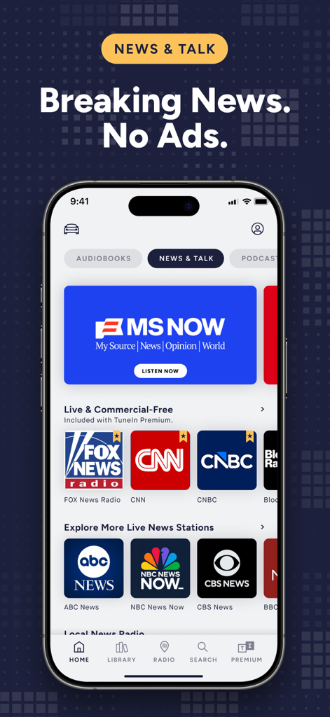 TuneIn Radio app screen showing live news channels including FOX News, CNN, CNBC, and NBC News.