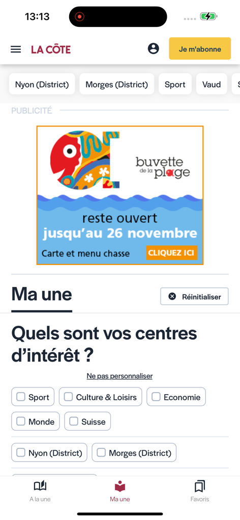 Bildschirm mit Optionen zur Personalisierung von Nachrichten und zur Themenauswahl in der La Cote App