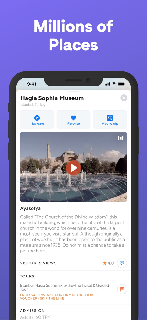 Tripomatic app showing detailed travel information for the Hagia Sophia Museum including tours and reviews